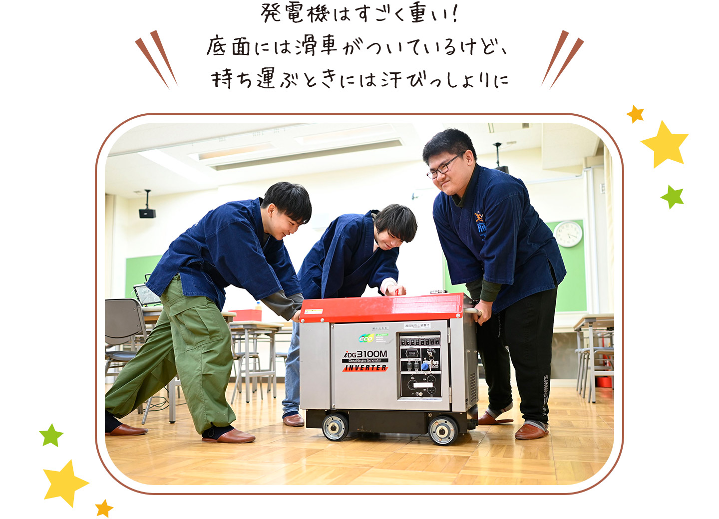 発電機はすごく重い! 底面には滑車がついているけど、持ち運ぶときには汗びっしょりに